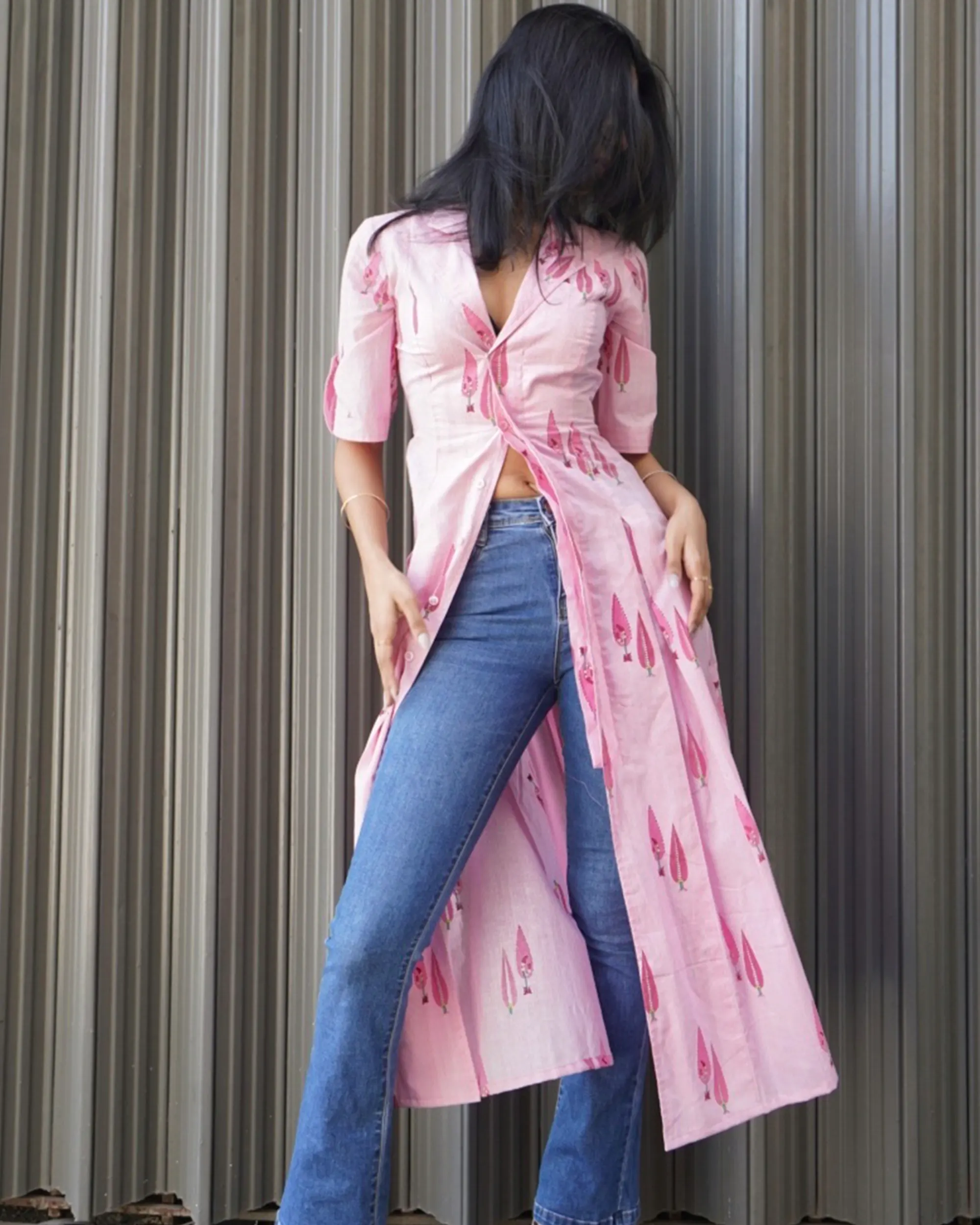 Pink Long Buttoned Styled Kurti