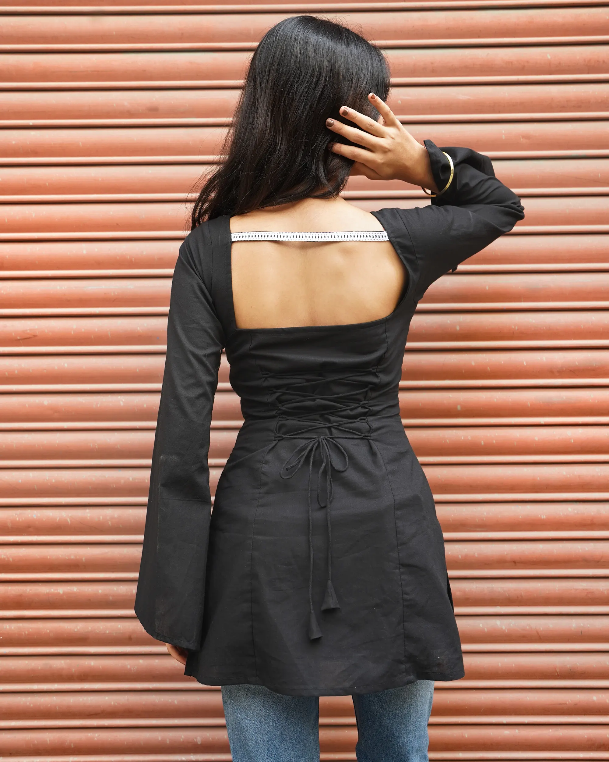 Saba – Black Flared Full Sleeve Kurti | Jaipuri Cotton Kurti with Corset Back - Image 3