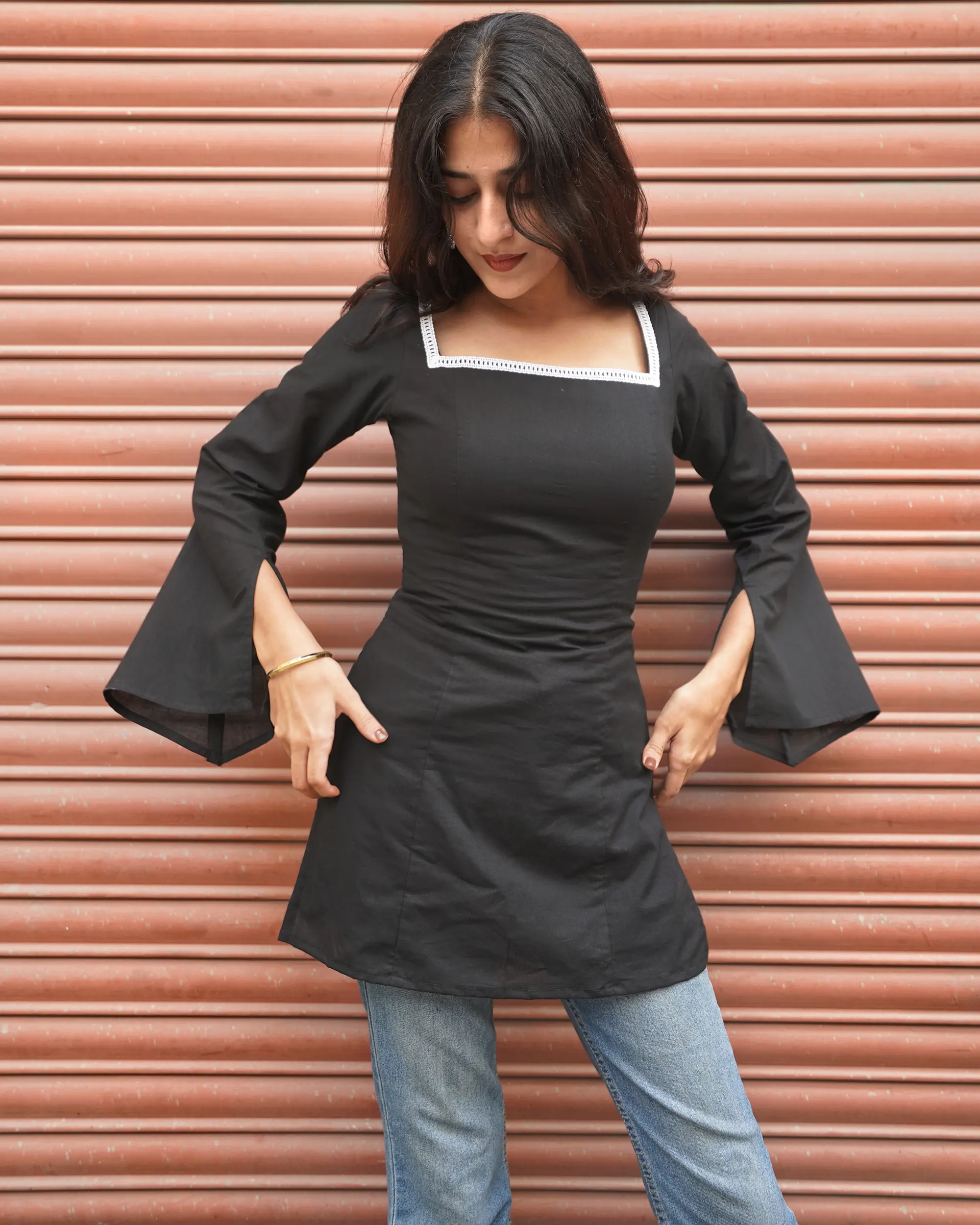 Saba – Black Flared Full Sleeve Kurti | Jaipuri Cotton Kurti with Corset Back - Image 4